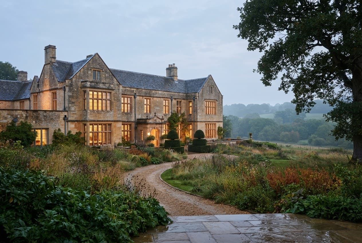 Country-house hotel exterior at dusk